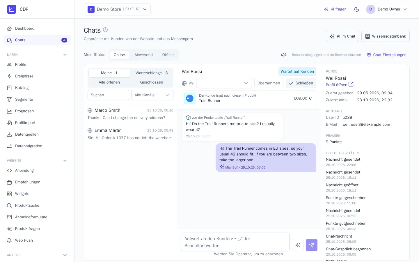 Gespräch mit dem Produkt in der Kopfzeile: Frage von der Produktseite und Antwort des Bots