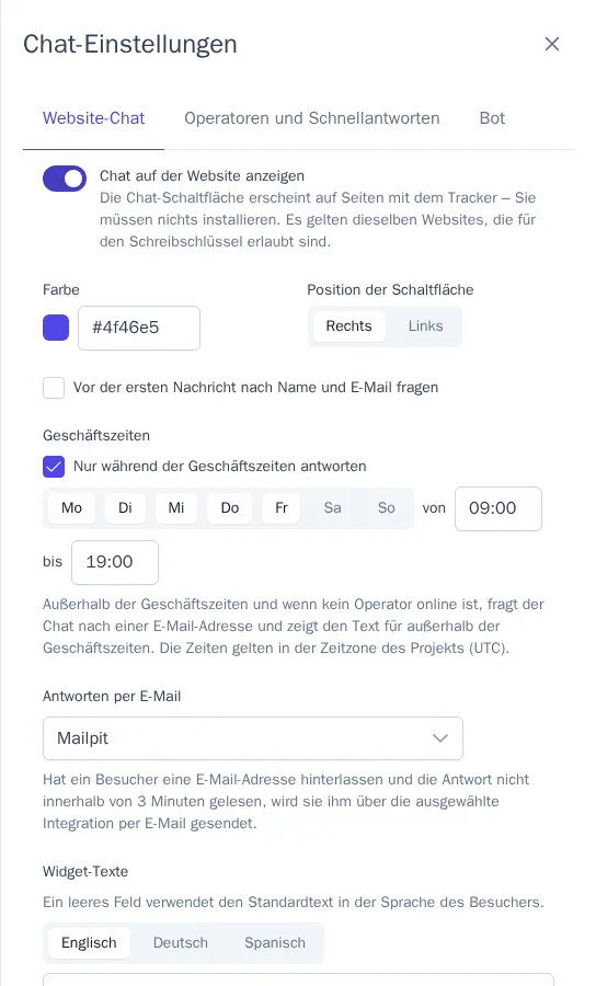 Einstellungen des Website-Chats