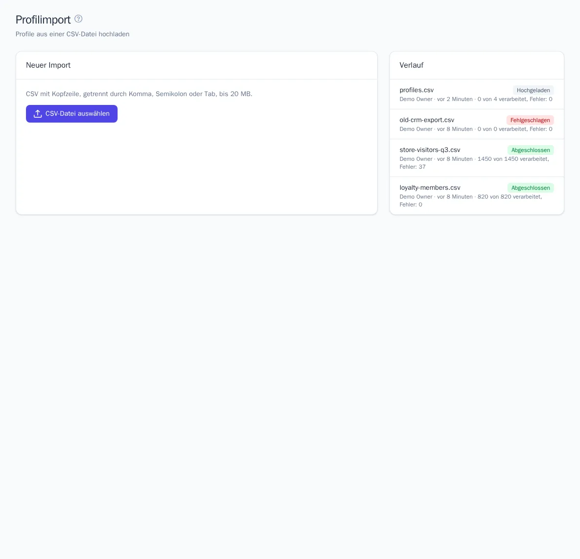 Importseite mit Upload-Verlauf