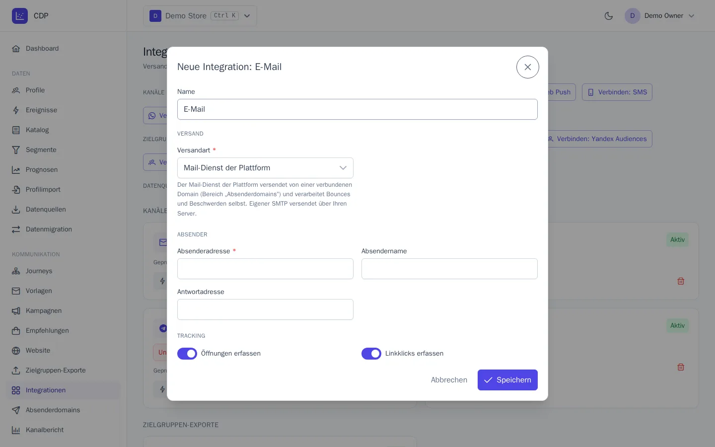 Dialog zum Verbinden einer E-Mail-Integration