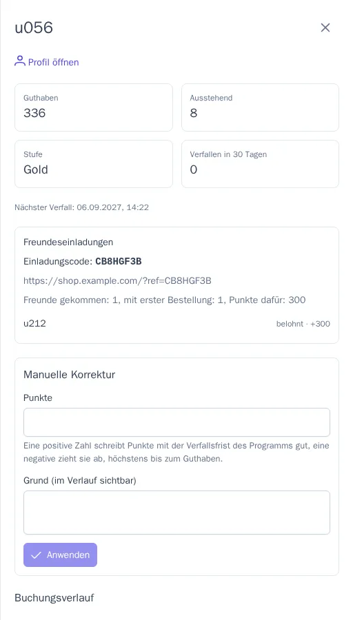 Konto eines Mitglieds mit Buchungsverlauf