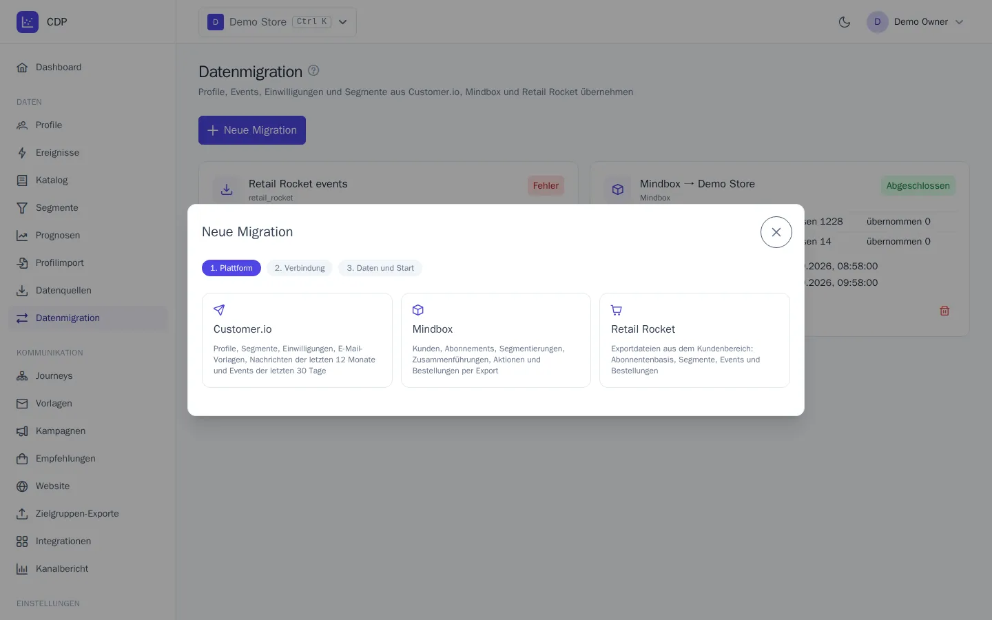 Schritt zur Datenauswahl im Migrationsassistenten
