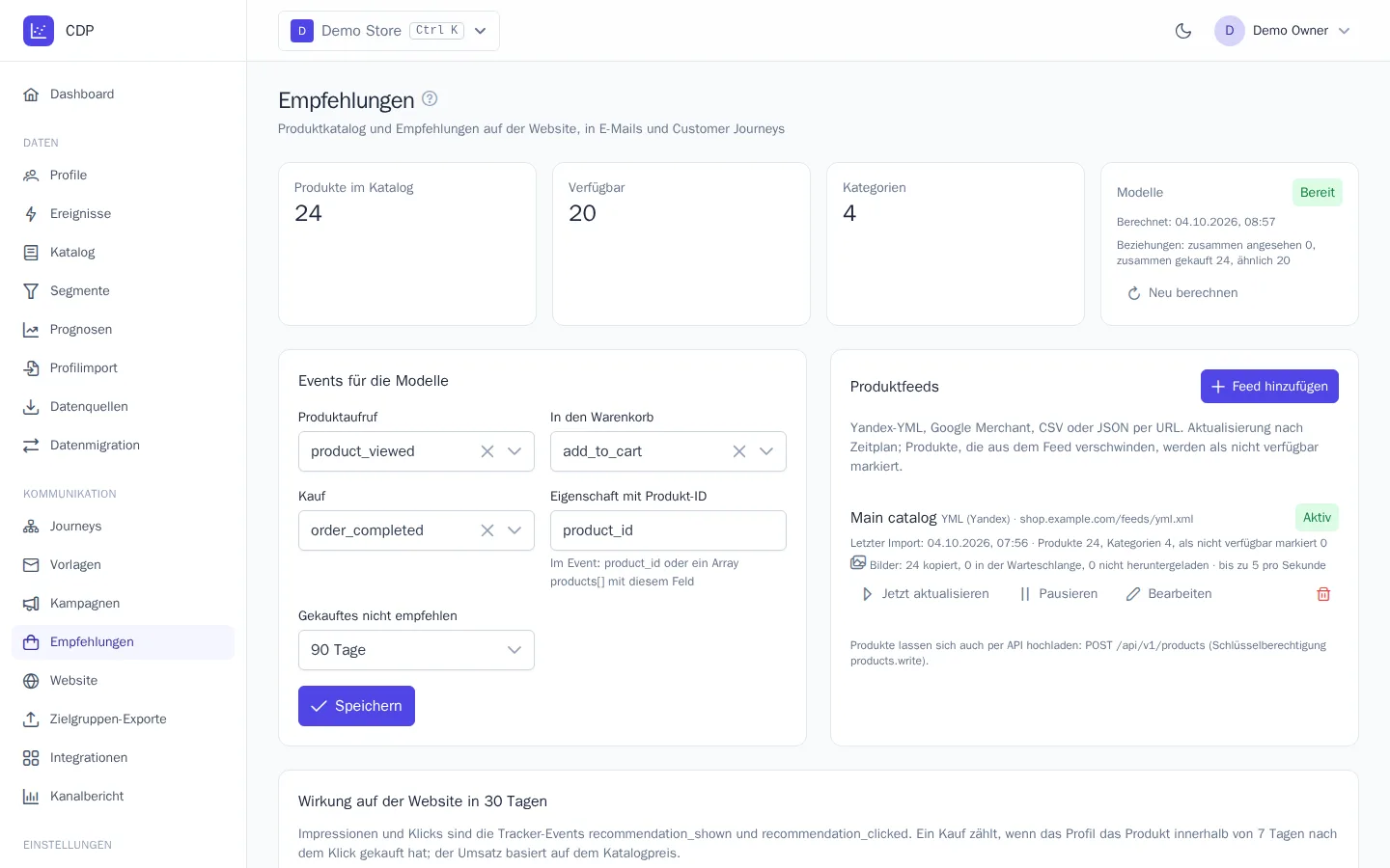 Seite „Empfehlungen“: Katalog, Modellstatus und Feeds