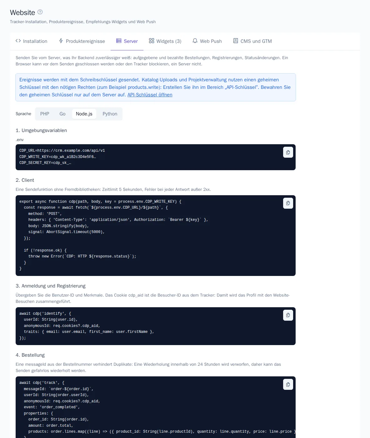 Tab „Server“ mit Node.js-Beispielen