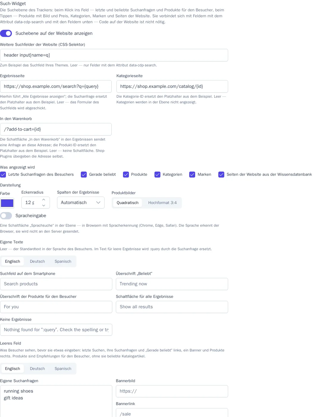 Block „Such-Widget“: Felder der Website, Seitenadressen, Blöcke der Ebene und Darstellung
