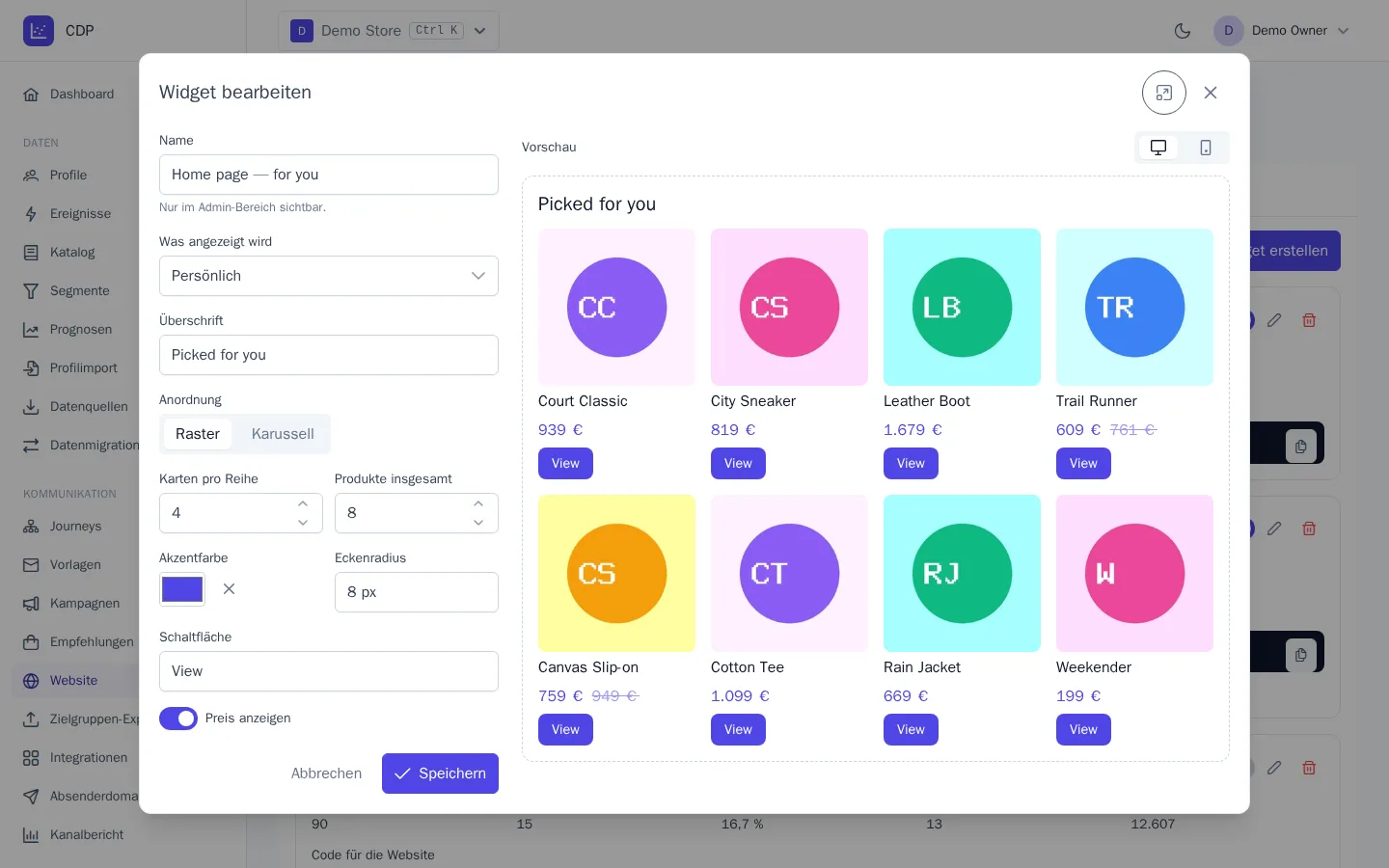 Widget-Editor mit Vorschau