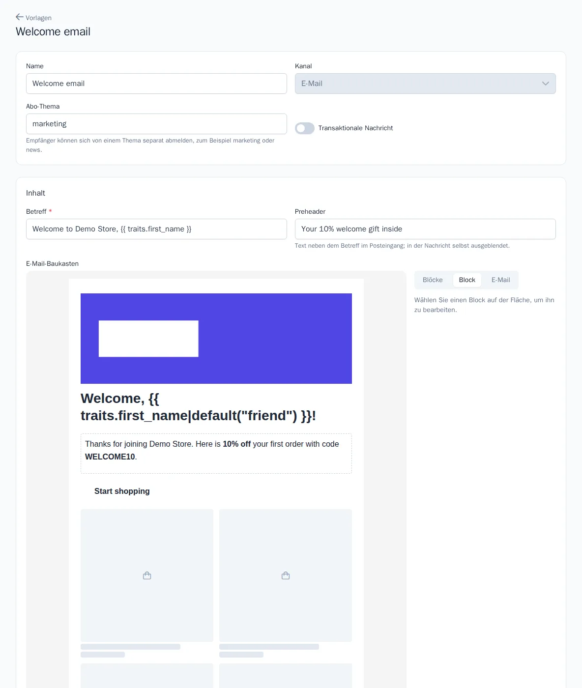 E-Mail-Baukasten mit ausgewähltem Block