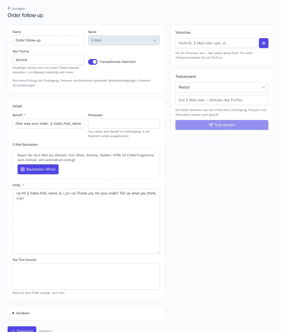 Vorlageneditor mit Vorschau für ein Profil
