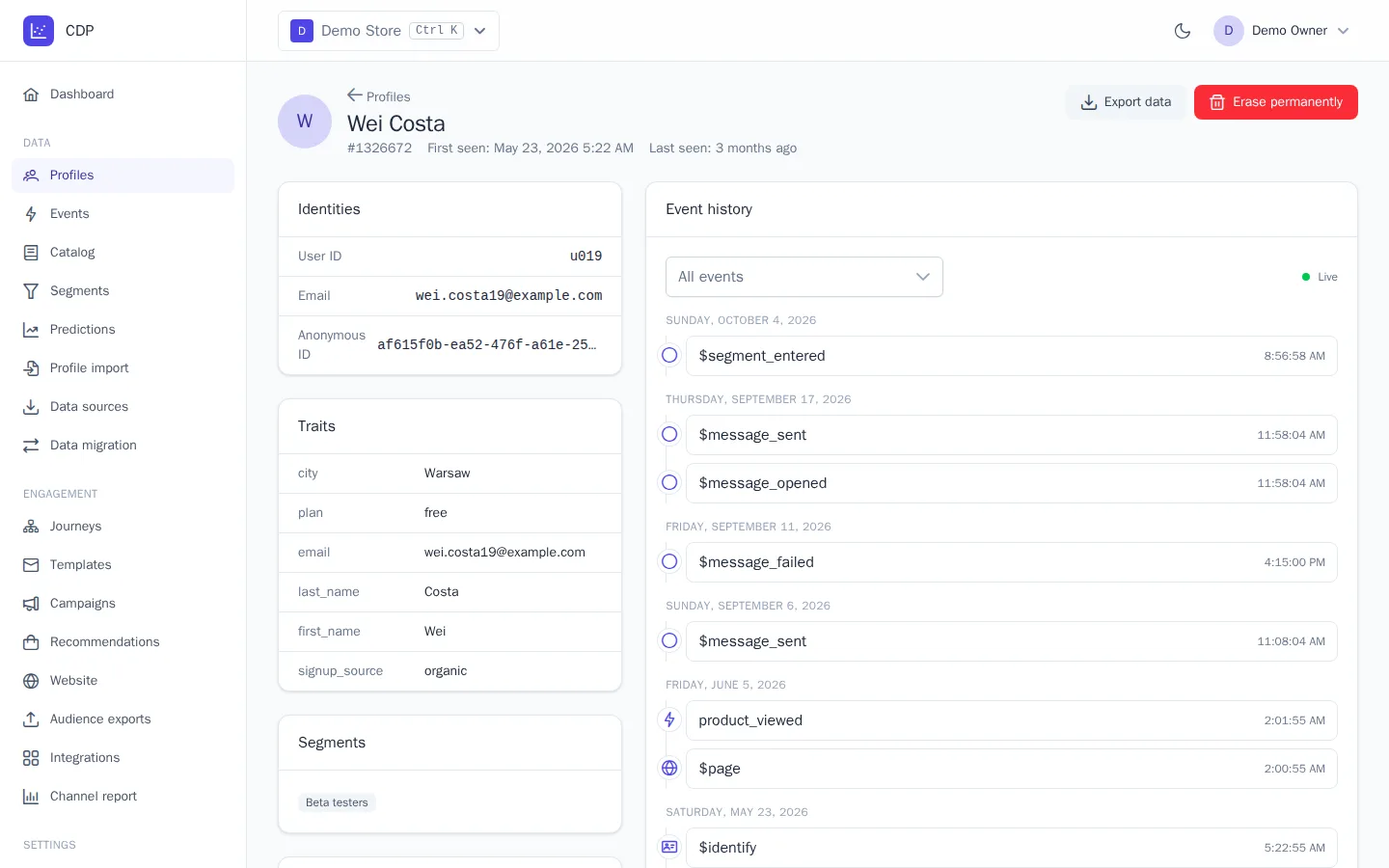 Messages in the profile card