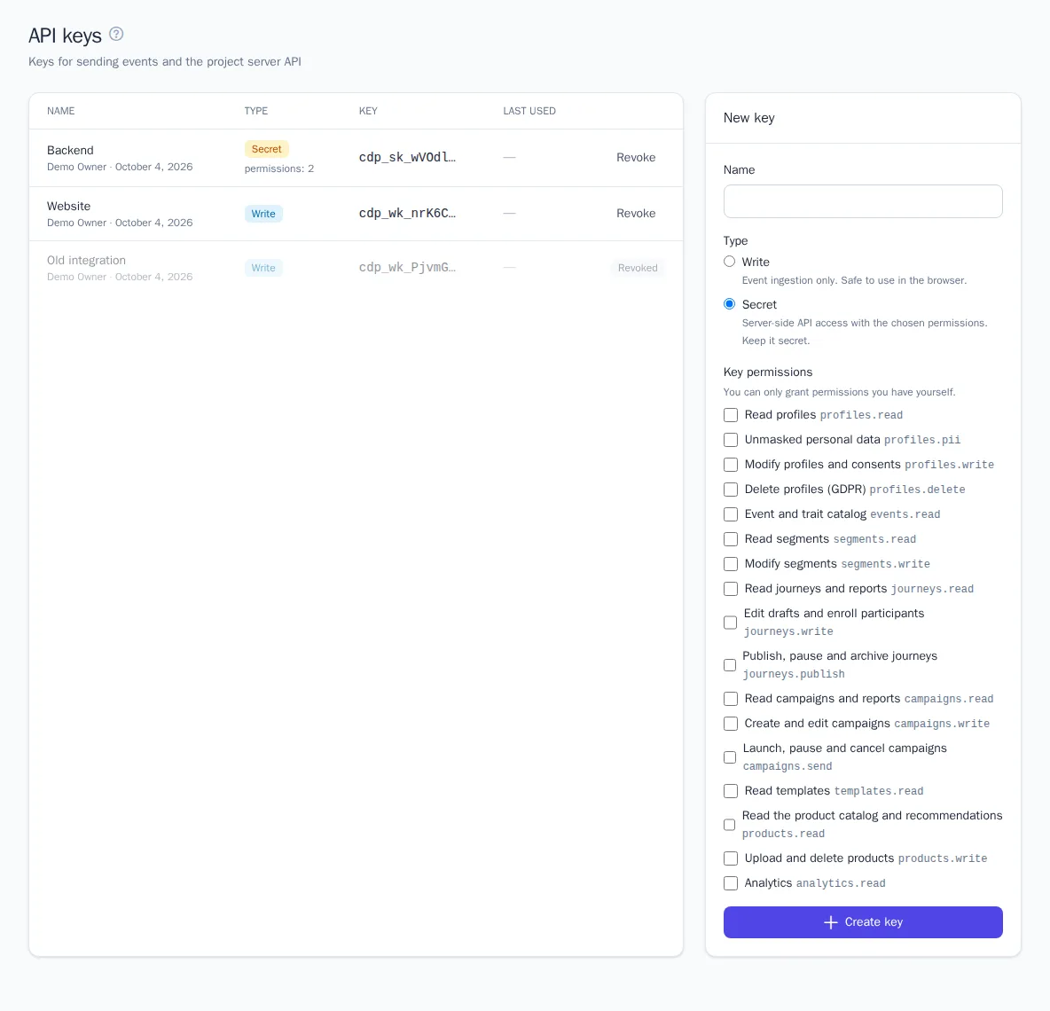 Creating a secret key with permissions