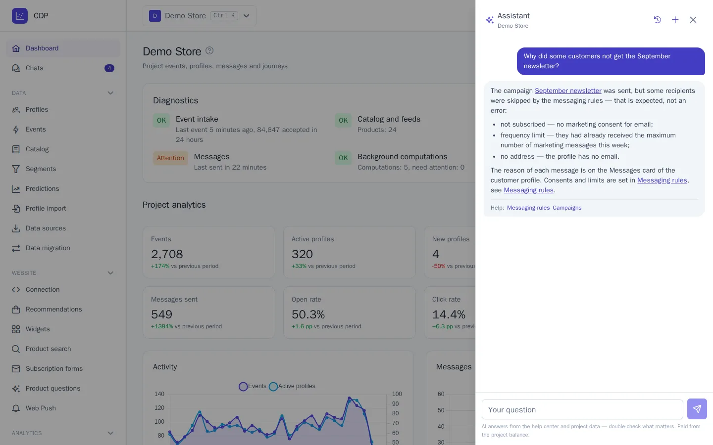 Assistant panel with an answer based on project data and links