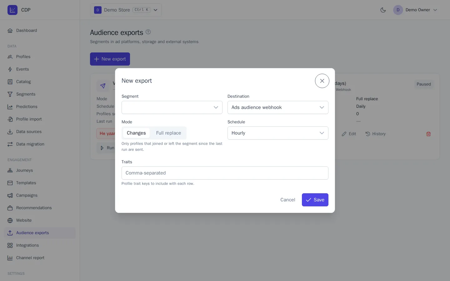 Create audience export dialog