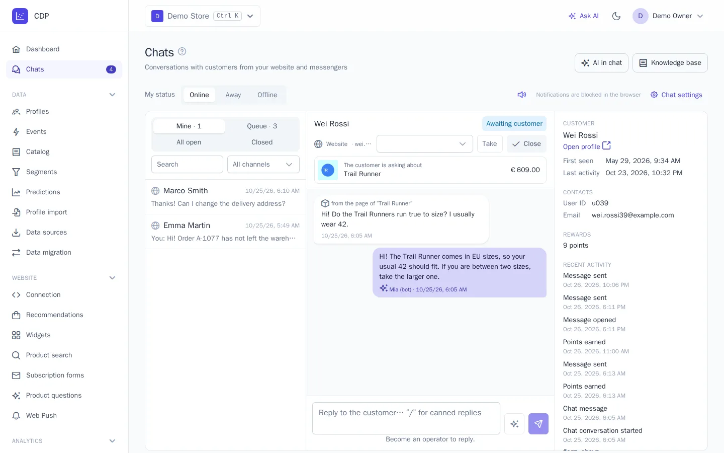 Conversation with the product in the header: a question from the product page and the bot's answer