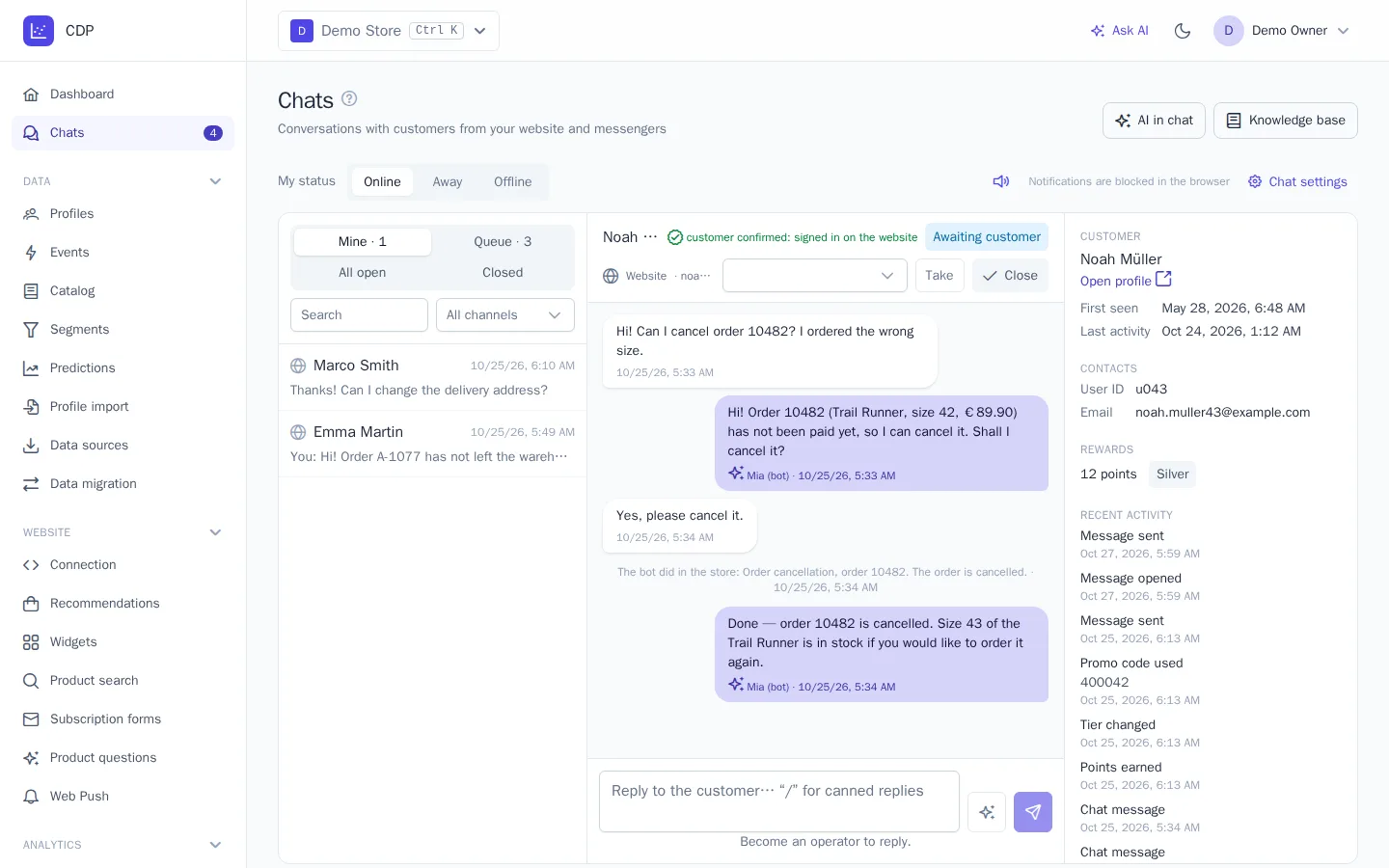 The bot canceled an order at the customer's request
