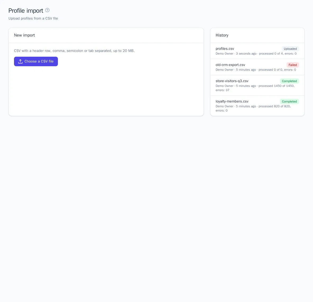 Import page with upload history
