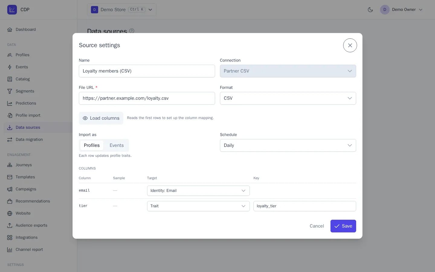 Data source settings with column mapping
