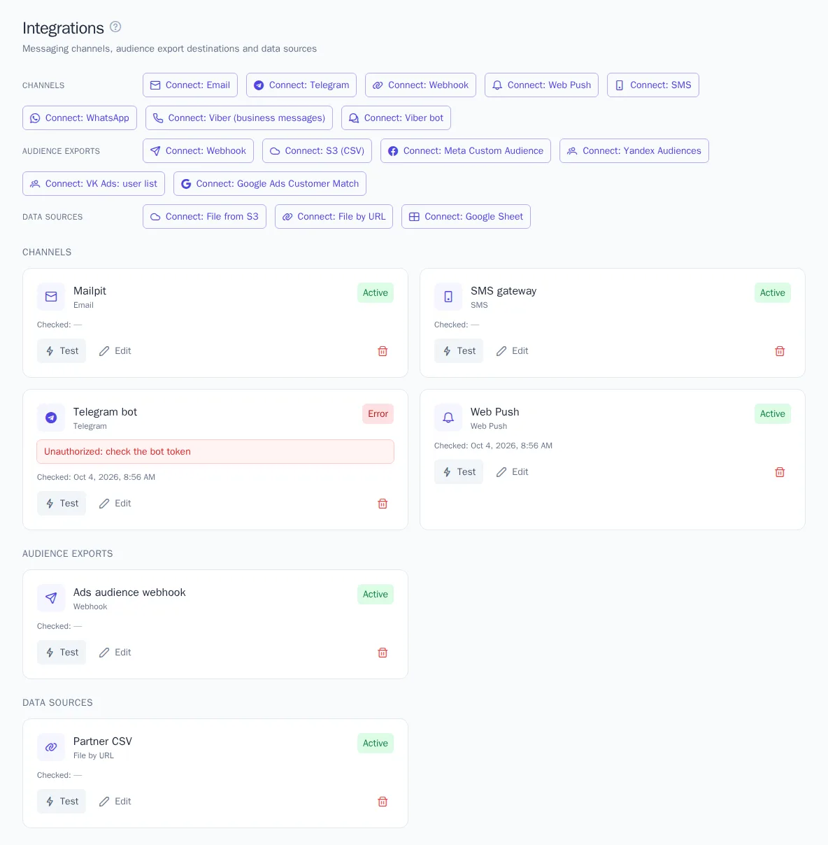Integrations page with connected channels