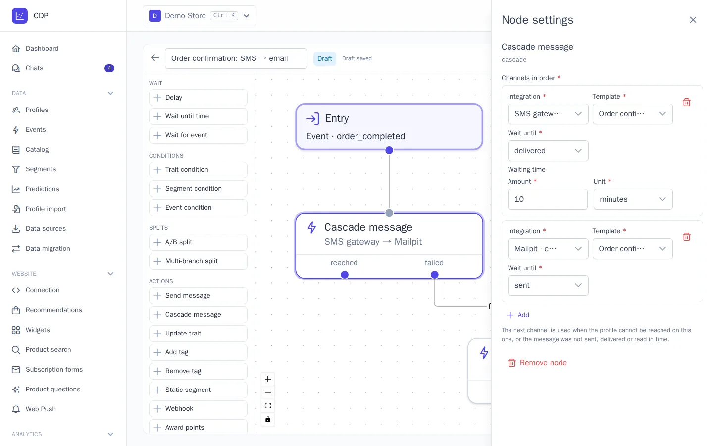 Cascade message node settings: SMS, and if it isn't delivered within 10 minutes, an email