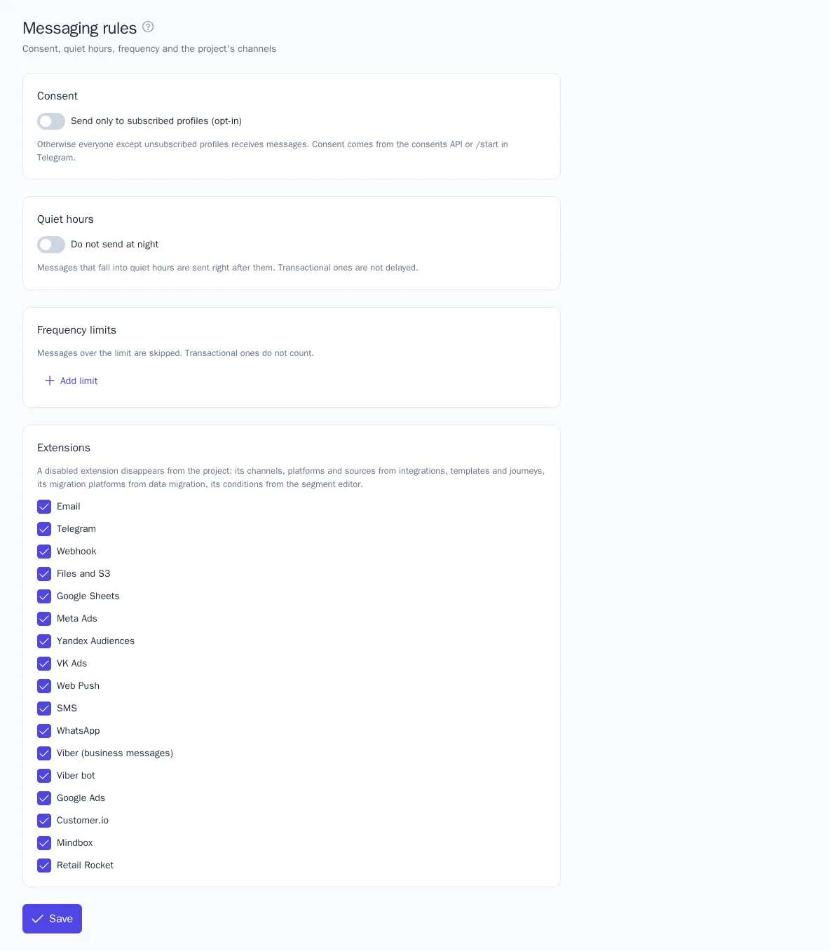 Messaging rules page