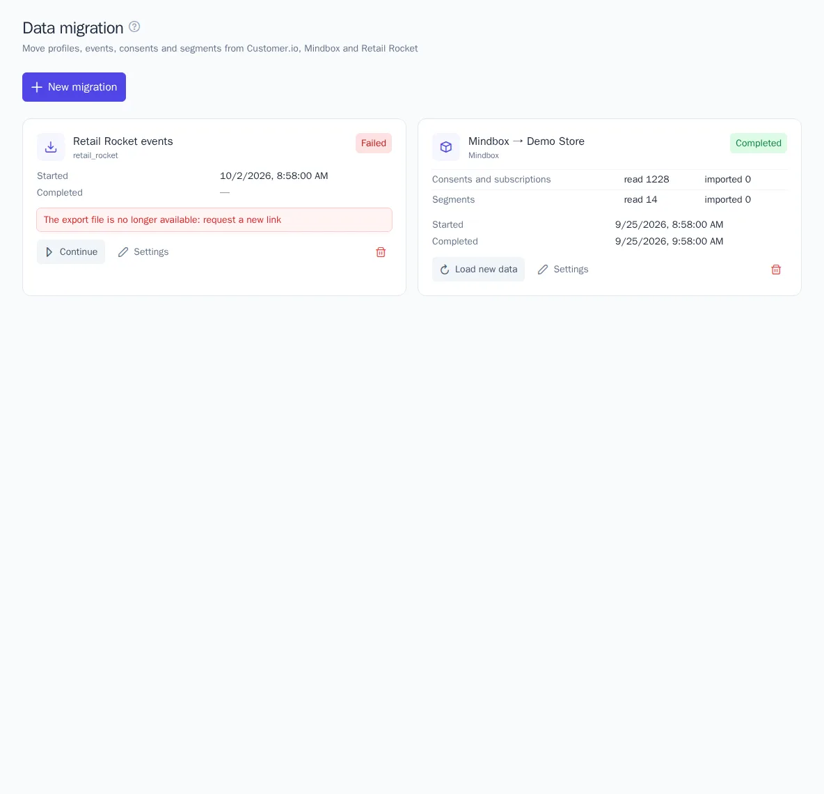 Migration card with progress