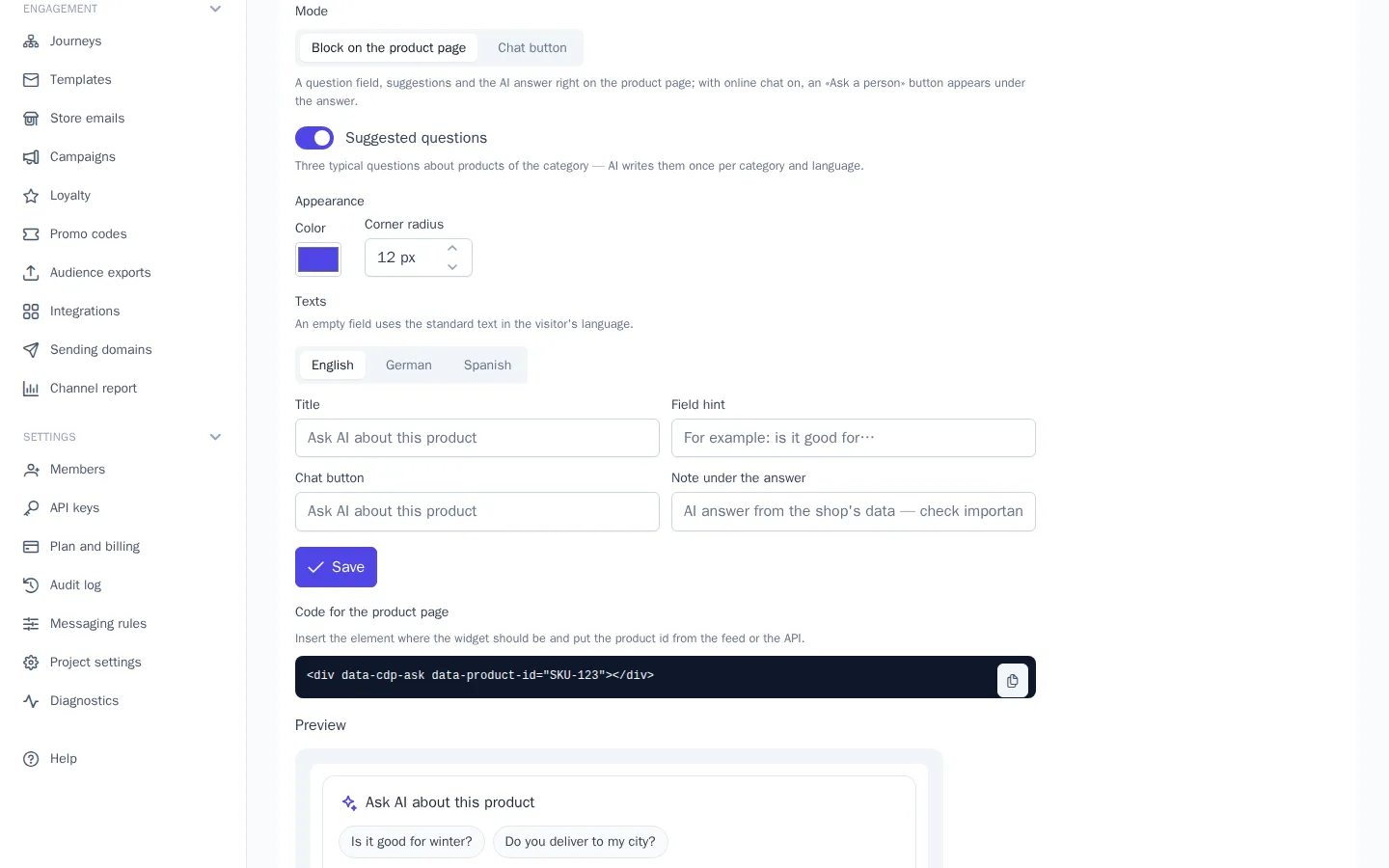 Product questions settings: mode, suggestions, appearance, and texts