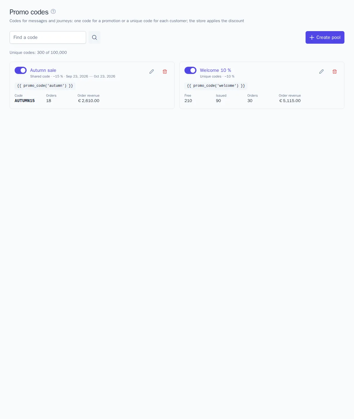 Promo code pools