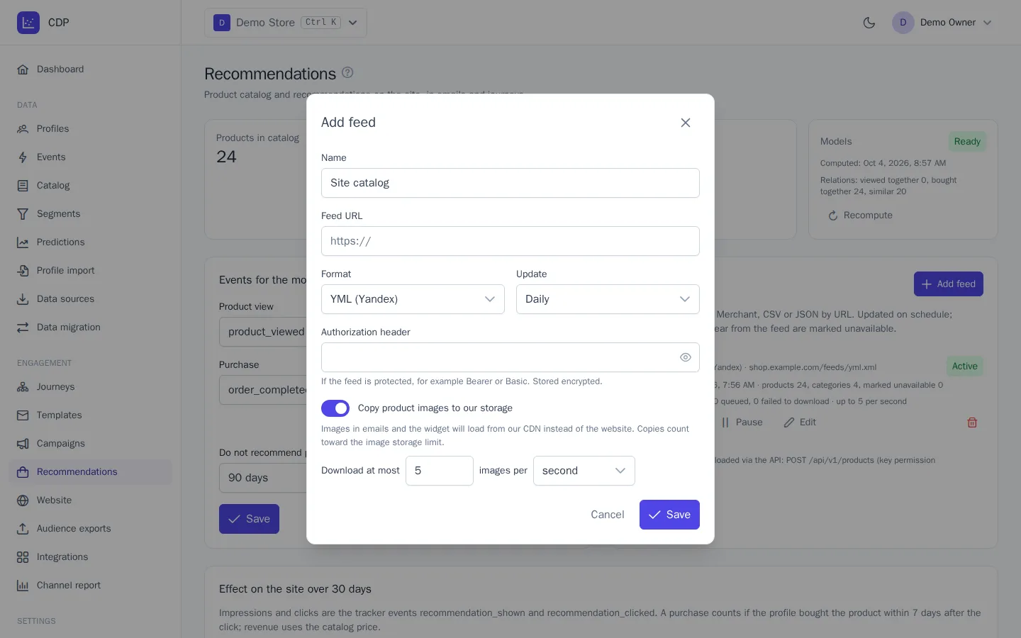 Add product feed dialog