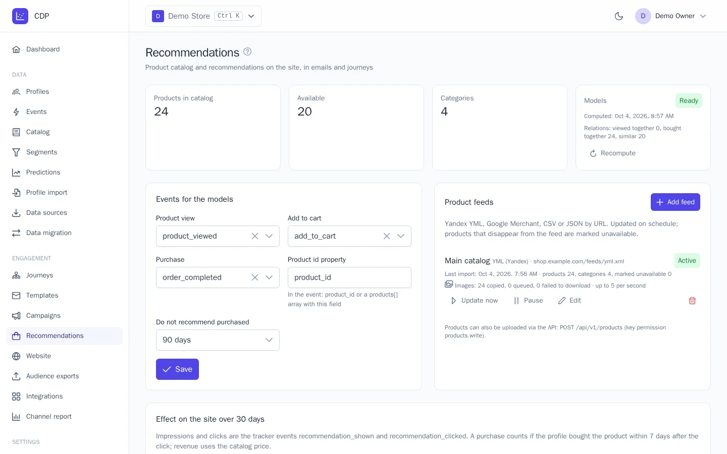 Recommendations page: catalog, model status, and feeds