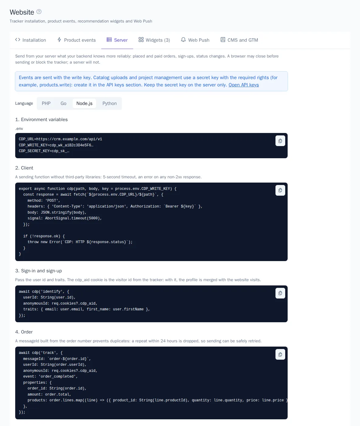 Server tab with Node.js examples