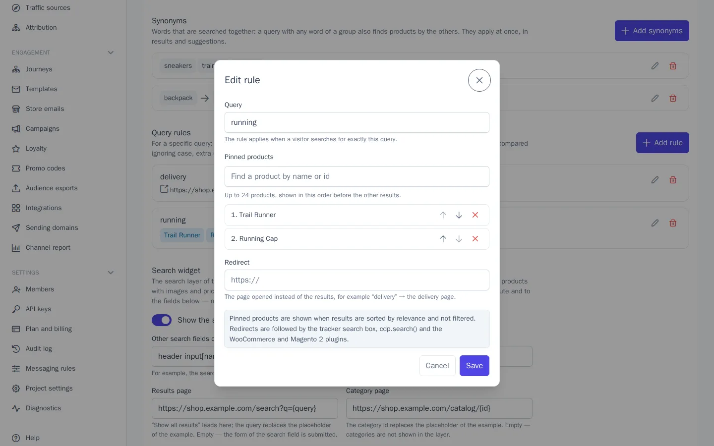 A query rule: pinned products in order and a redirect