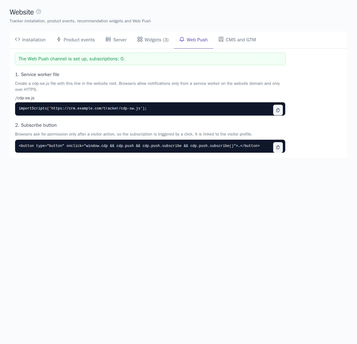 Web Push tab: channel status and website code