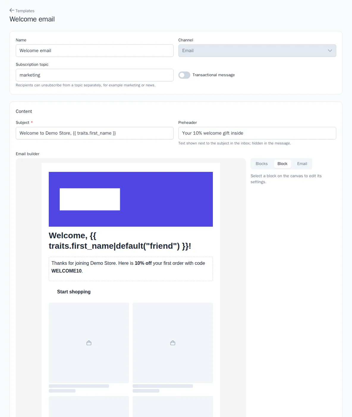 Email builder with a selected block