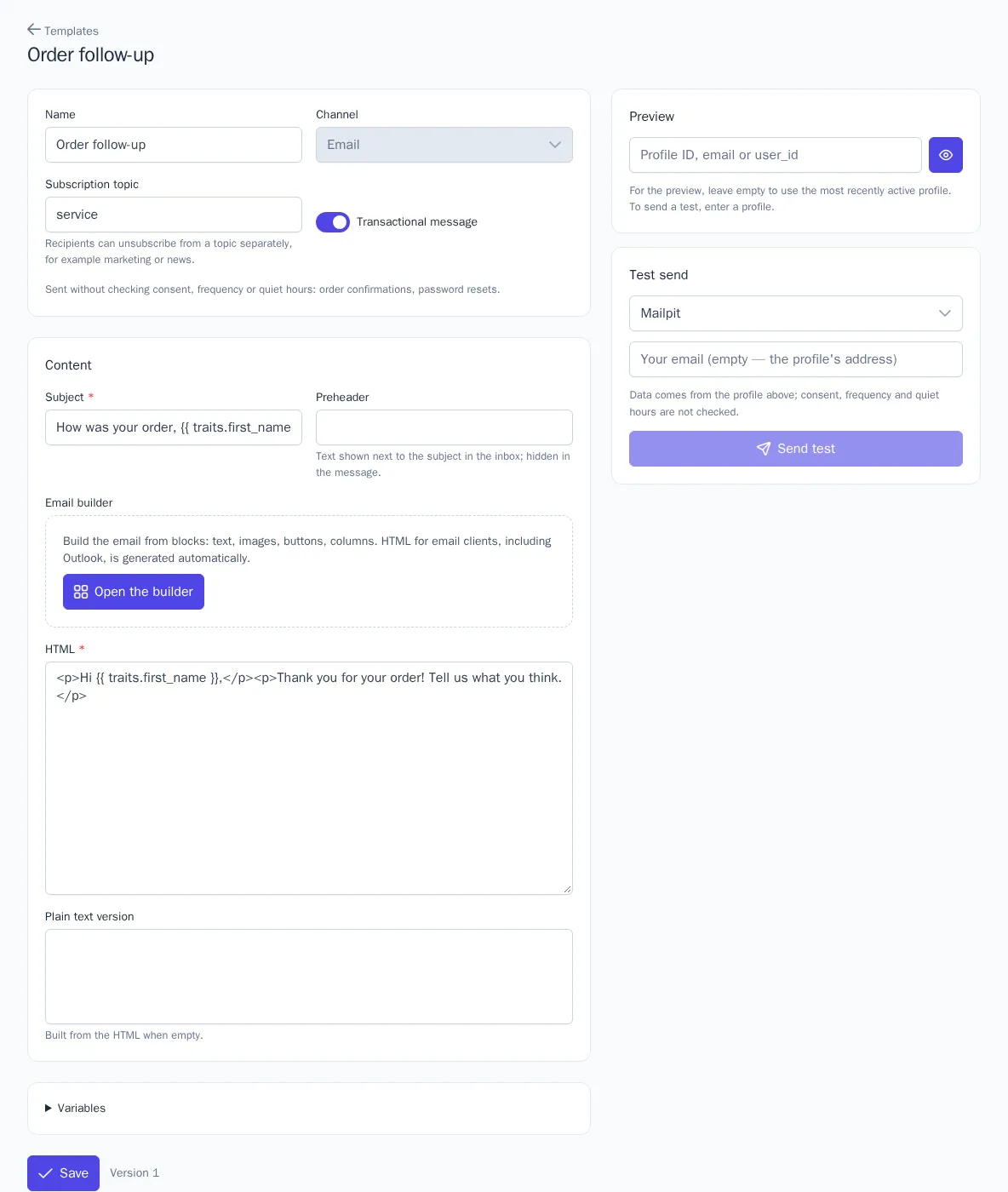 Template editor with a profile preview