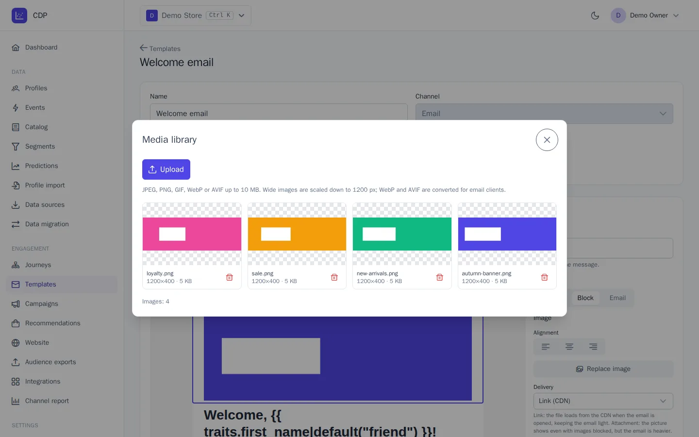 Media library with uploaded images