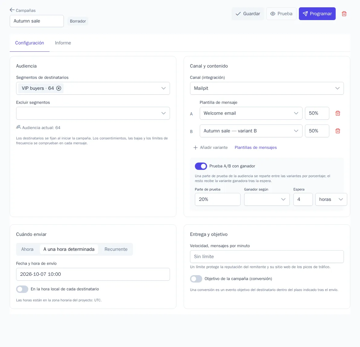 Configuración de una campaña con dos variantes y prueba A/B