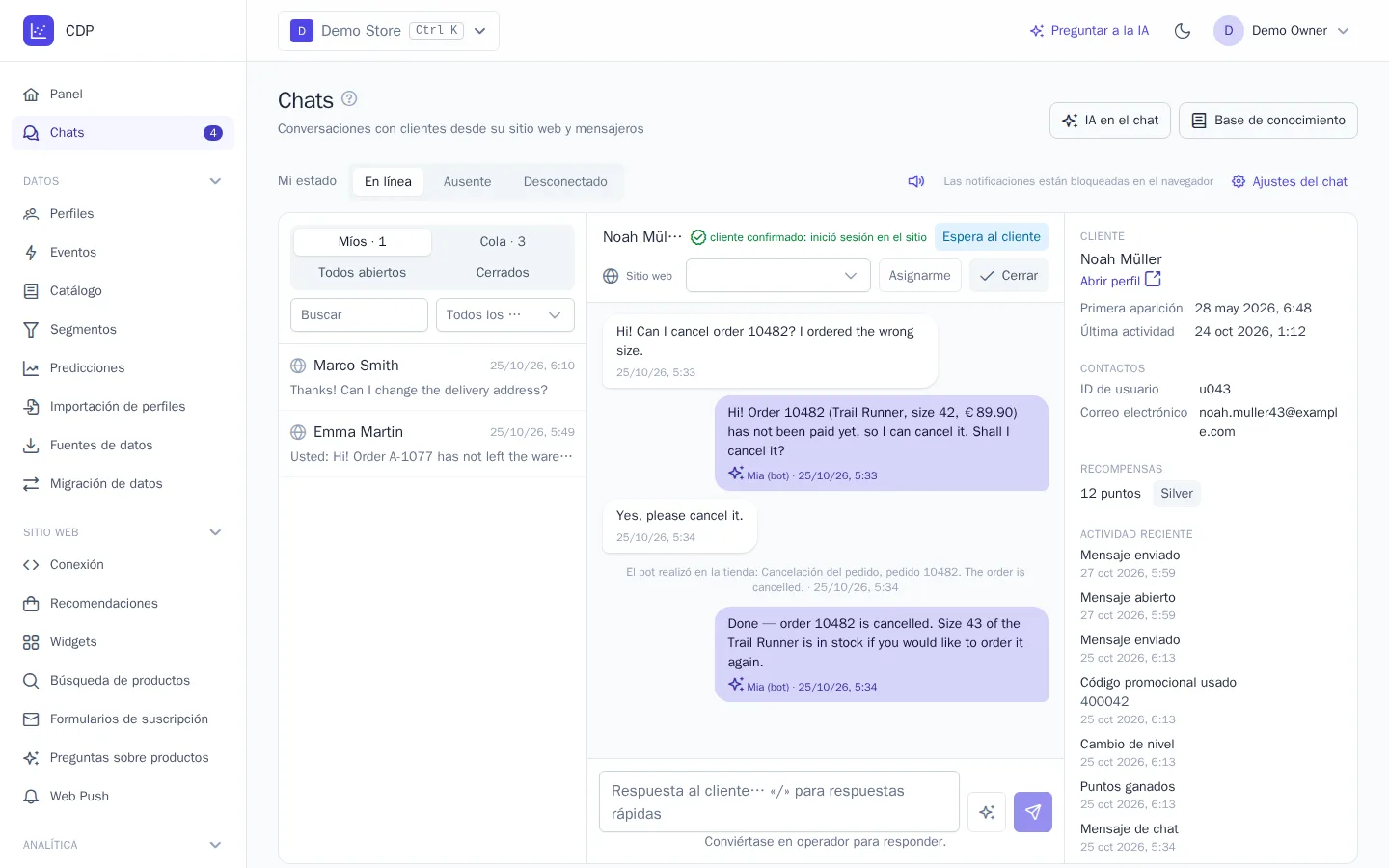 El bot canceló un pedido a petición del cliente