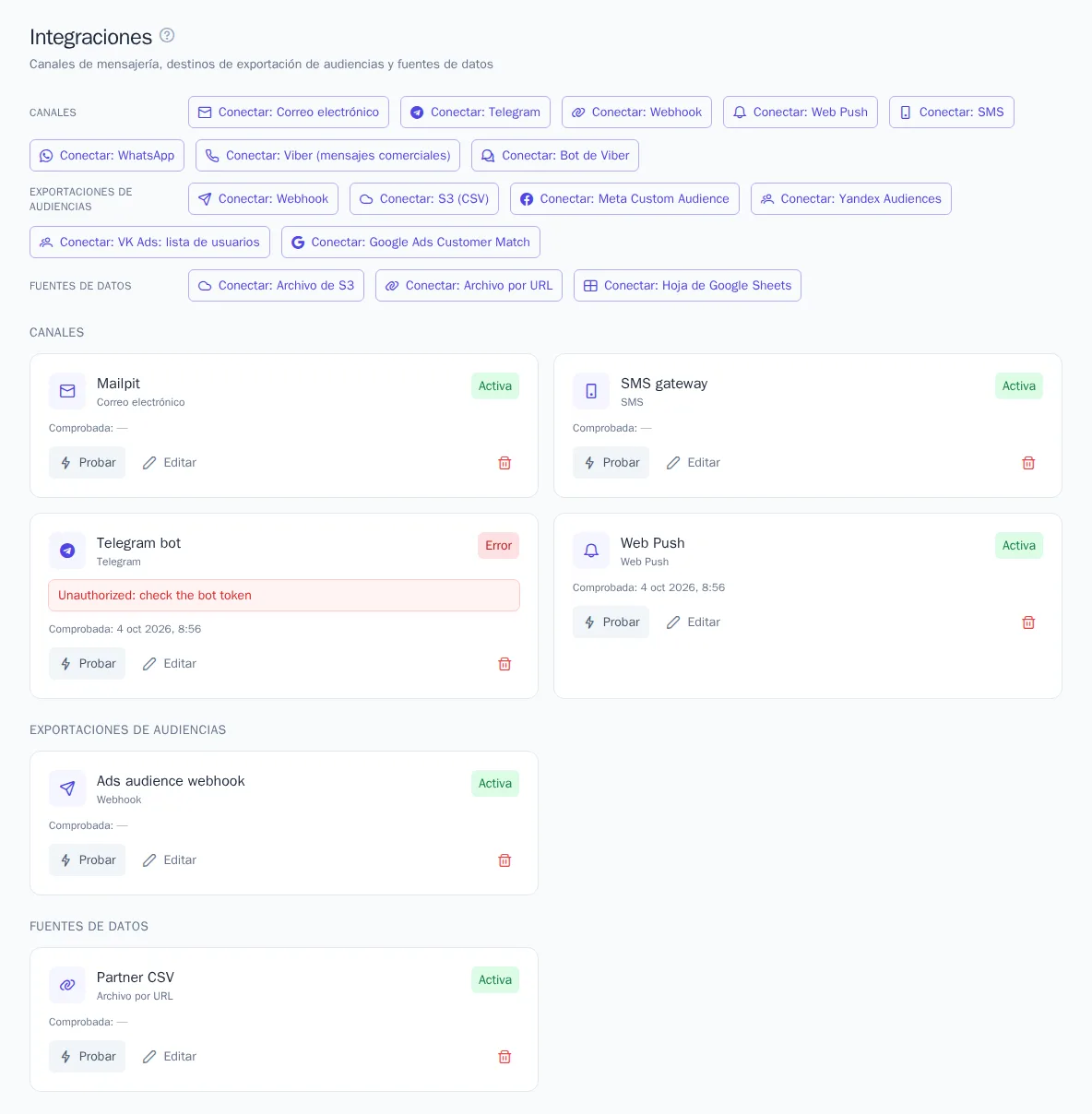 Página «Integraciones» con canales conectados