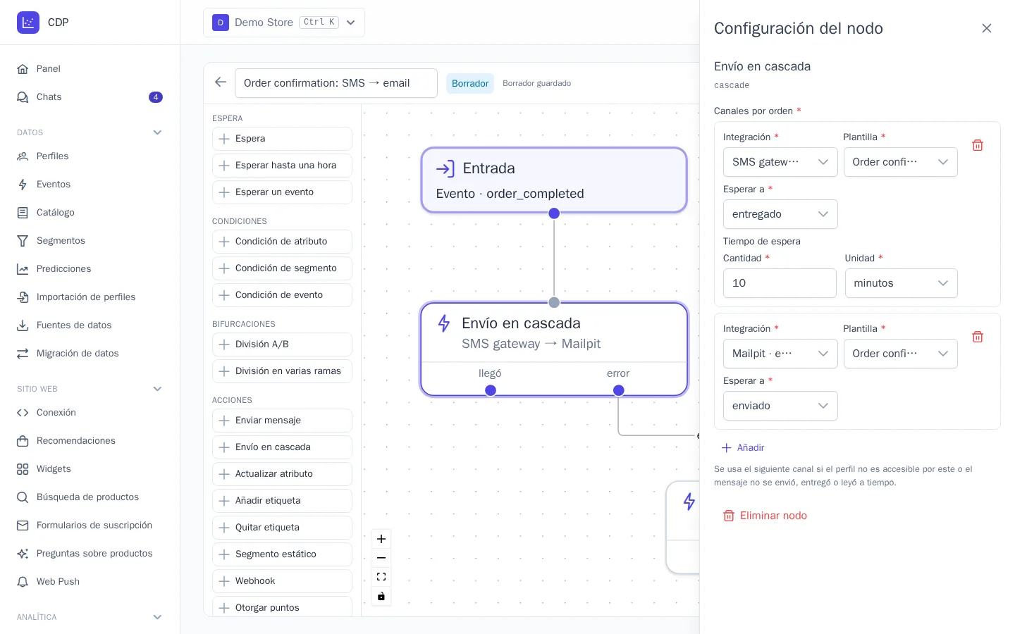 Configuración del nodo «Envío en cascada»: SMS y, si no se entrega en 10 minutos, un correo