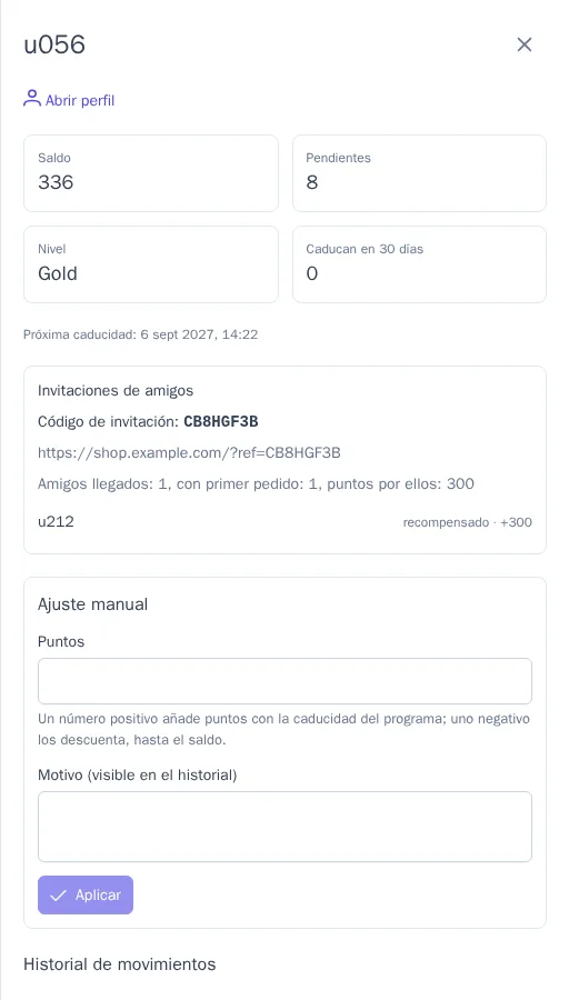 Cuenta del miembro con el historial de movimientos
