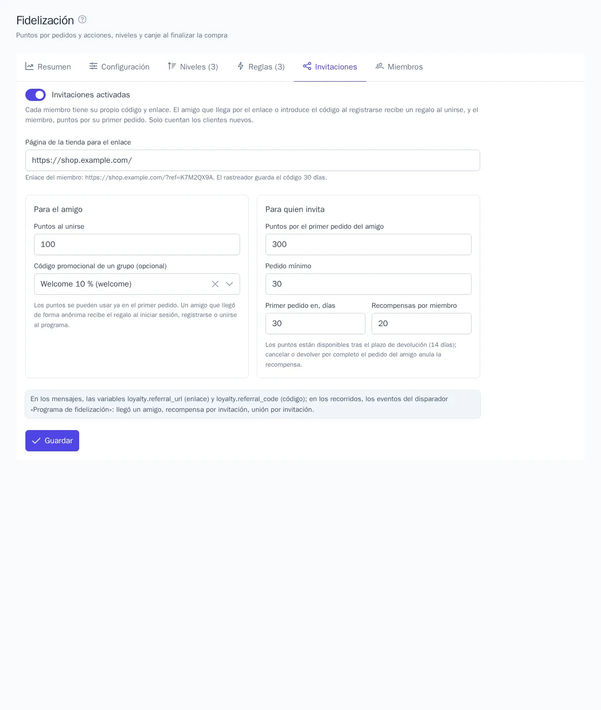 Configuración de las invitaciones