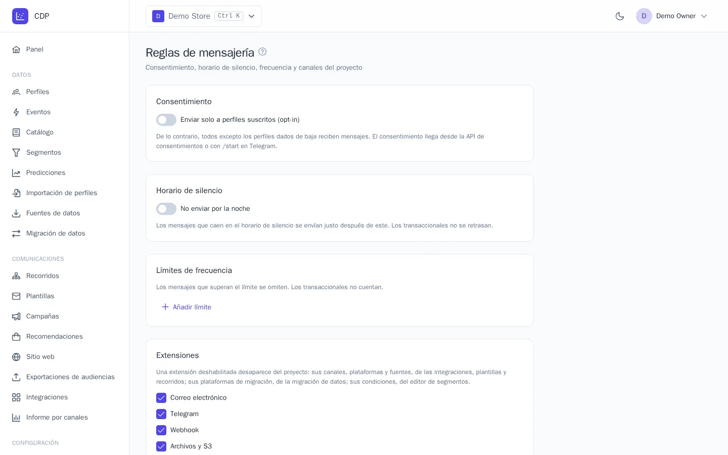 Límites de frecuencia y horario de silencio