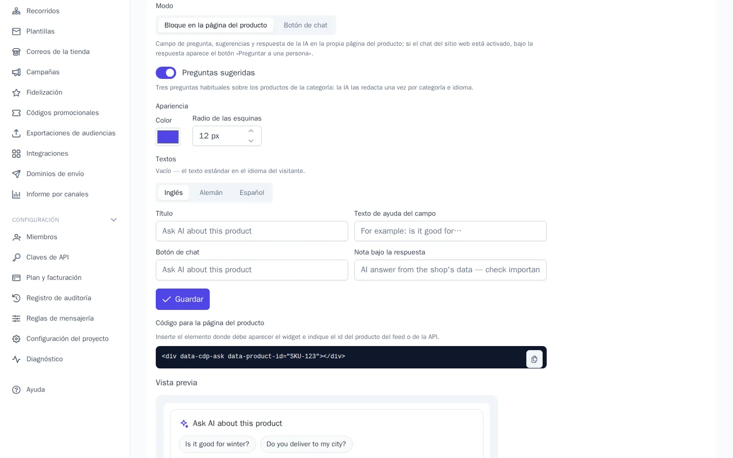 Configuración de «Preguntas sobre productos»: modo, preguntas sugeridas, apariencia y textos