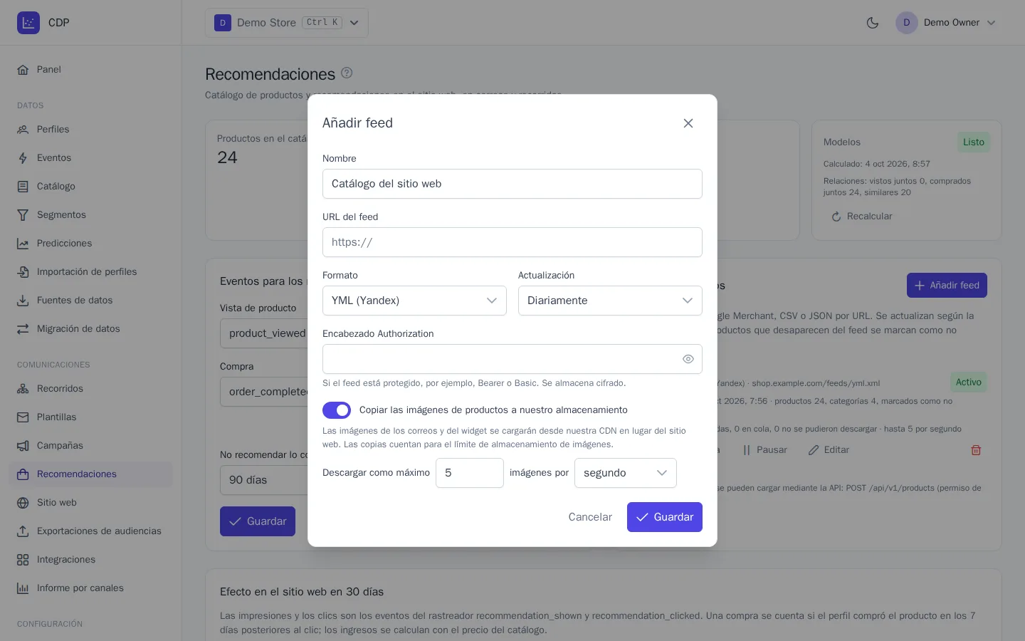 Ventana para añadir un feed de productos