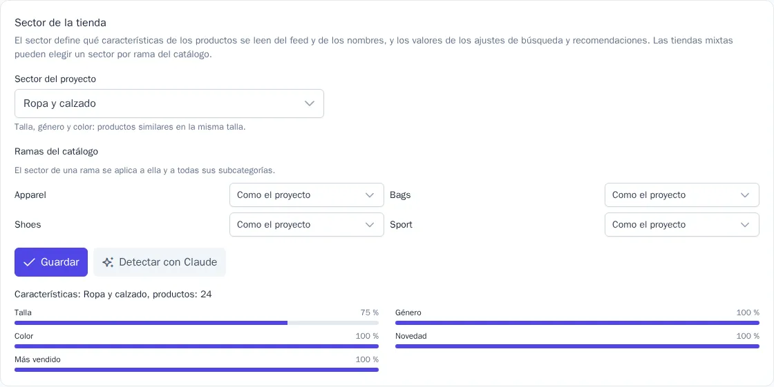 Tarjeta «Sector de la tienda»: sector del proyecto, ramas del catálogo y características encontradas