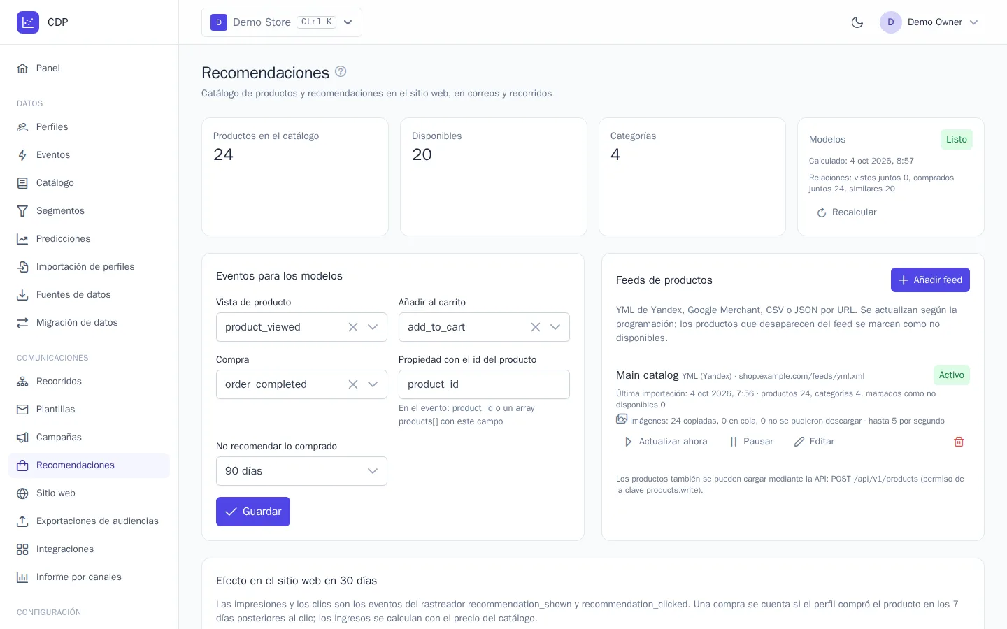 Página «Recomendaciones»: catálogo, estado de los modelos y feeds