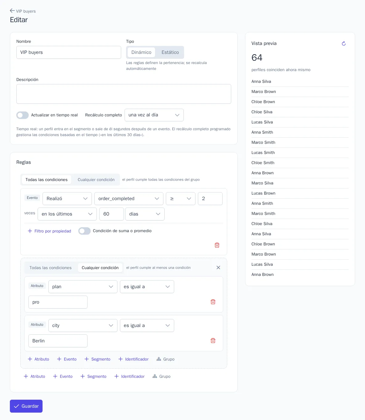 Editor de reglas del segmento con vista previa