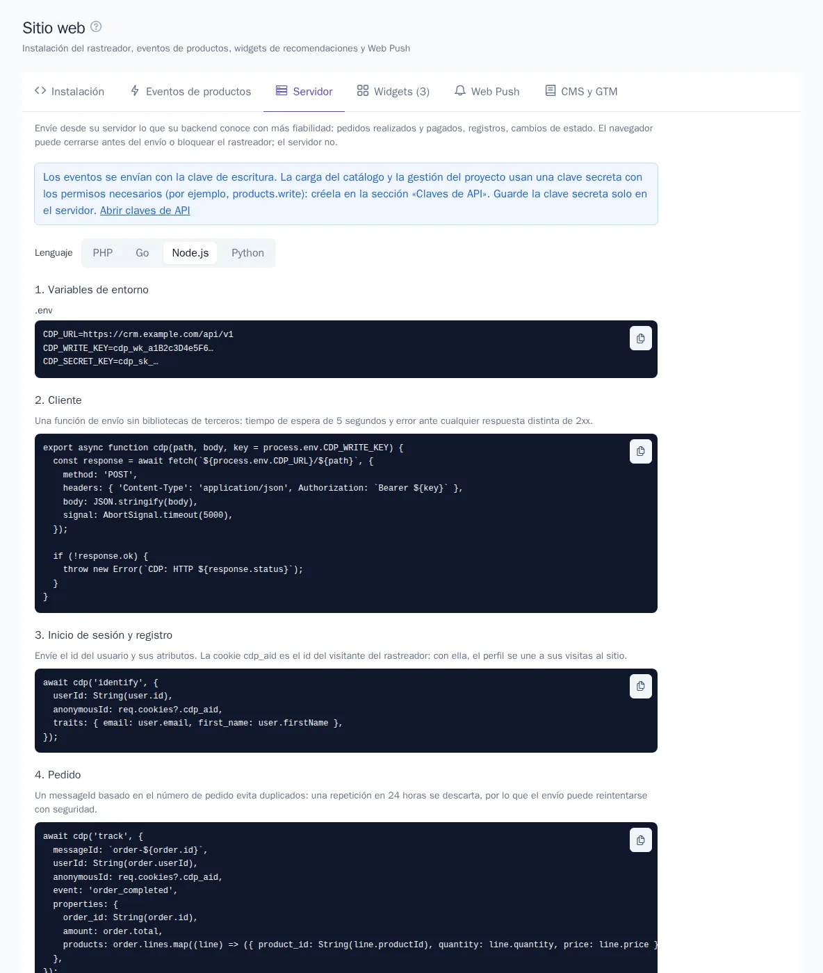 Pestaña «Servidor» con ejemplos en PHP