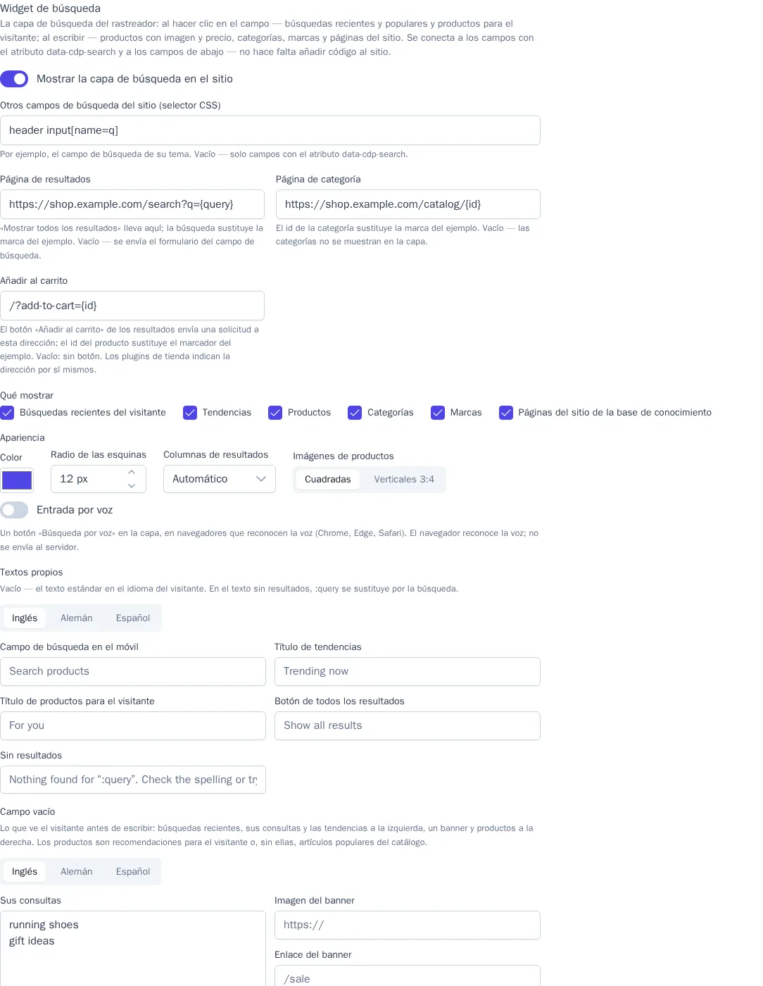Bloque «Widget de búsqueda»: campos del sitio, direcciones de páginas, bloques de la capa y apariencia