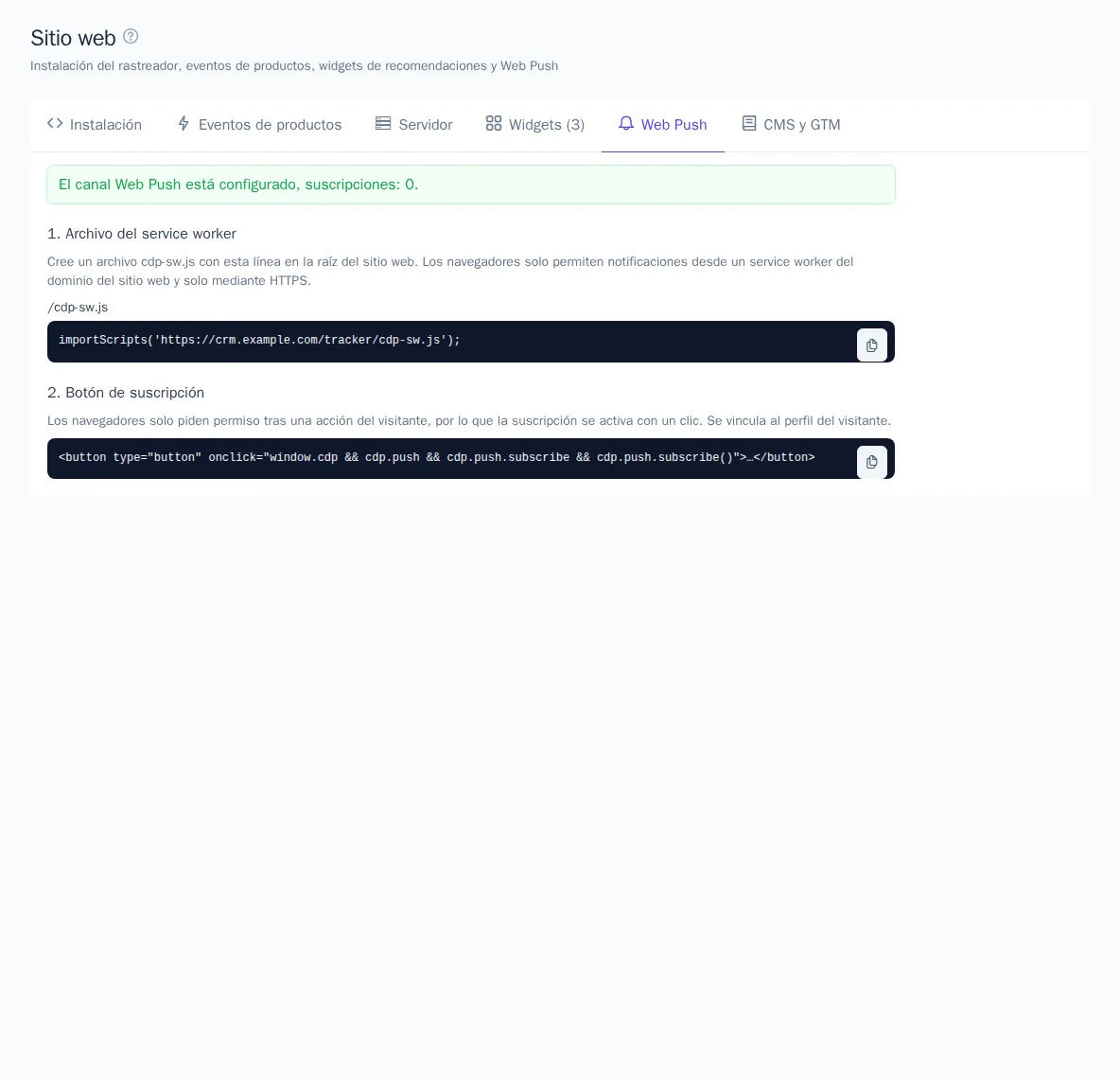 Pestaña «Web Push»: estado del canal y código para el sitio web