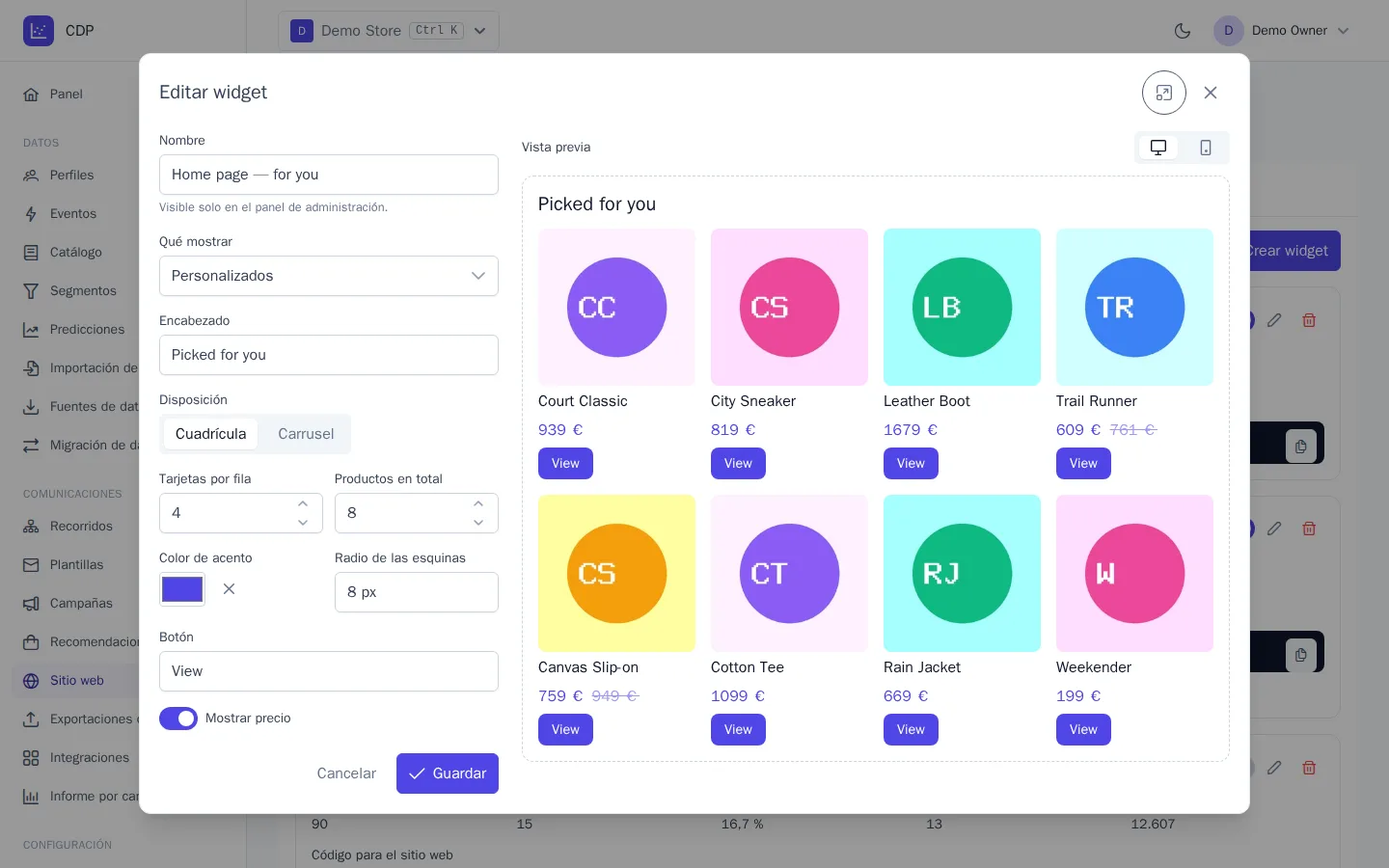 Editor del widget con vista previa